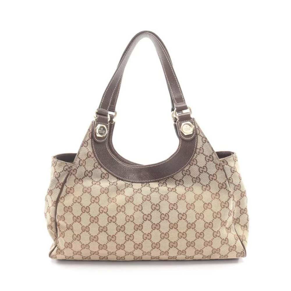 Gucci GG Canvas Shoulder Bag Leather Beige Cream Brown